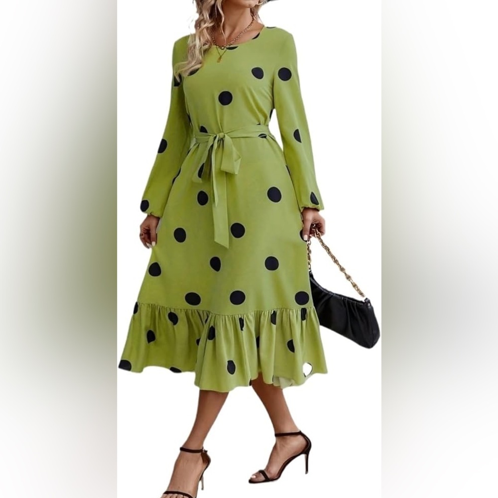 Women Casual Dress Dot Belted Dress with Ruffle Hem Midi Dress